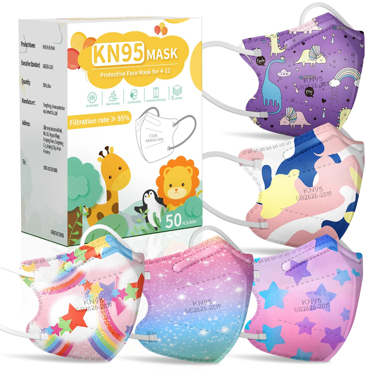 FENFEN Kids KN95 unicorn-pattern mask for school days with protective coverage.
