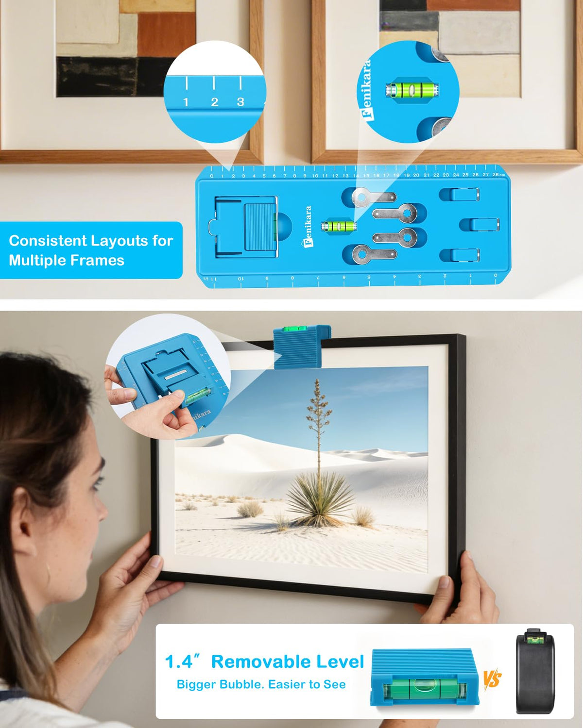 Fenikara removable bubble level supports straight hanging at a glance.