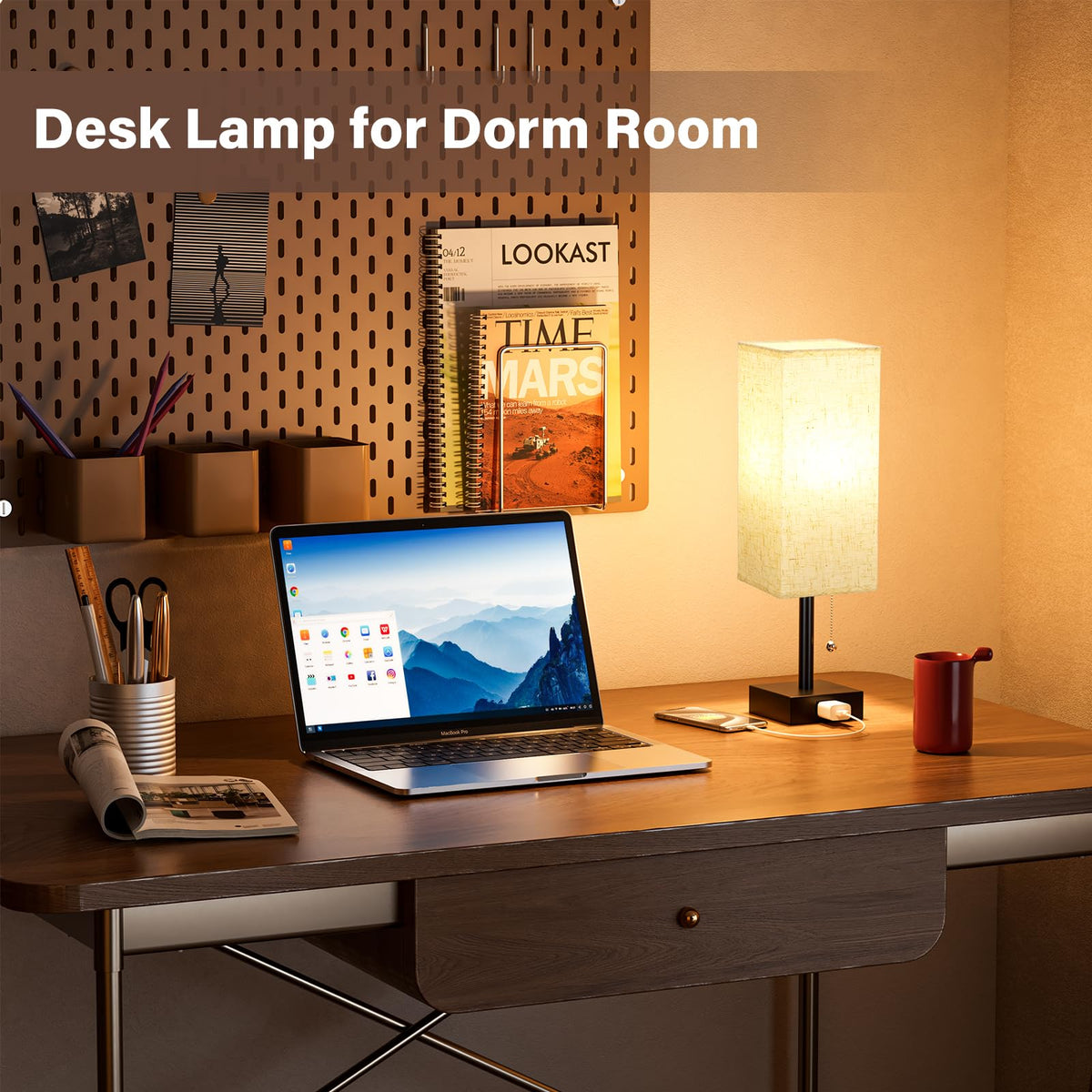 Fenmzee bedside lamp featuring a built-in AC outlet for device charging.