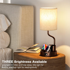 Fenmzee bedside lamps with brown base and cream shade to match bedroom decor.