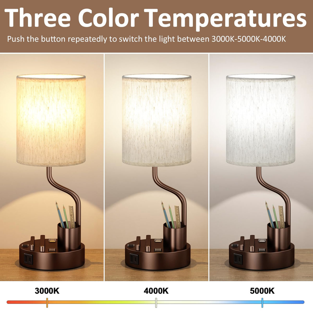 Fenmzee bedside lamps showing built-in phone holder and pen holder for tidy desks.