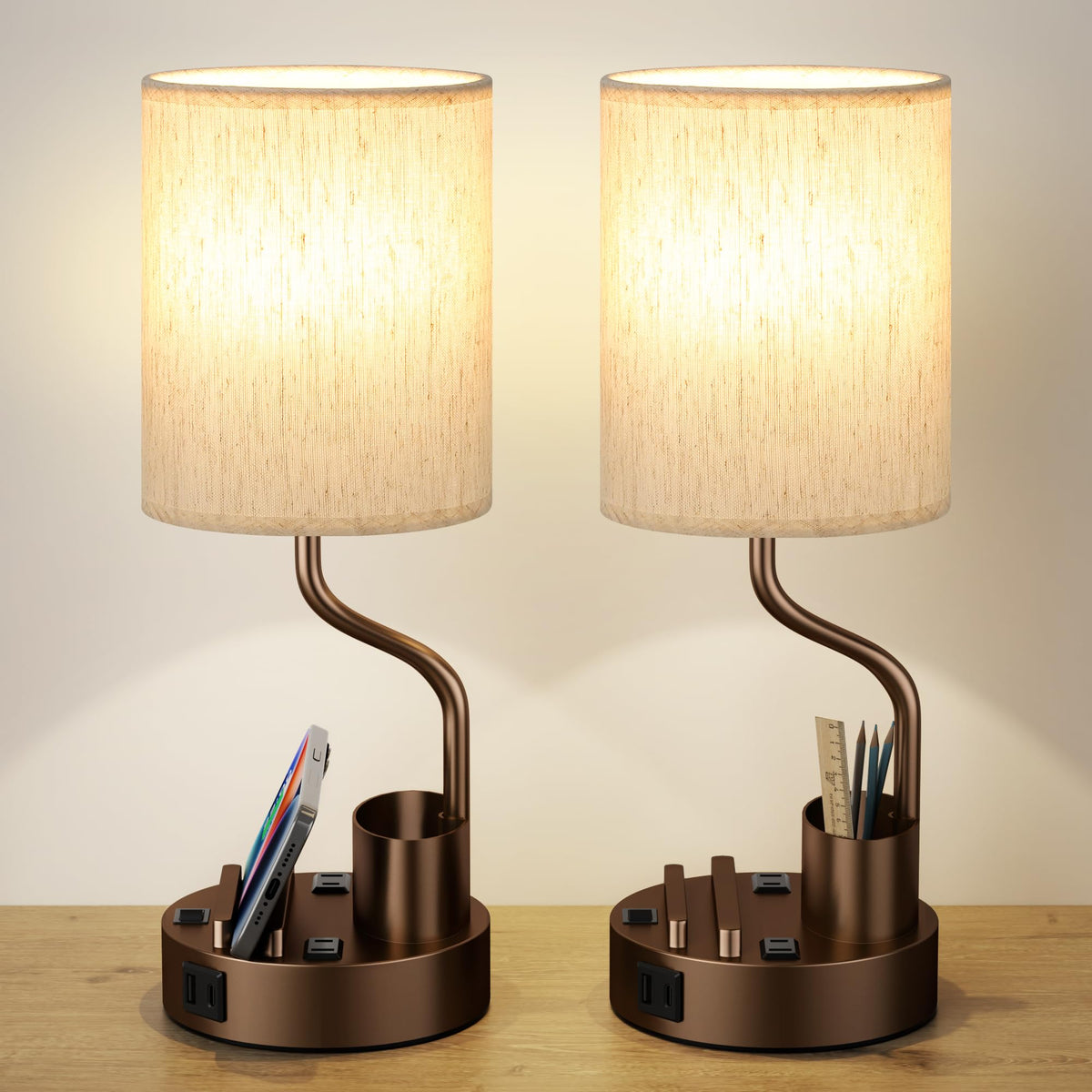 Fenmzee bedside lamps set of 2 with outlets and USB ports for convenient charging.