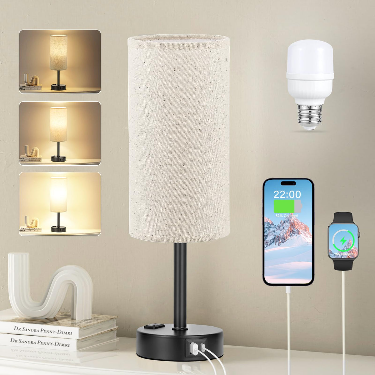 Fenmzee beige touch table lamp with bedside 3-way dimming for cozy reading