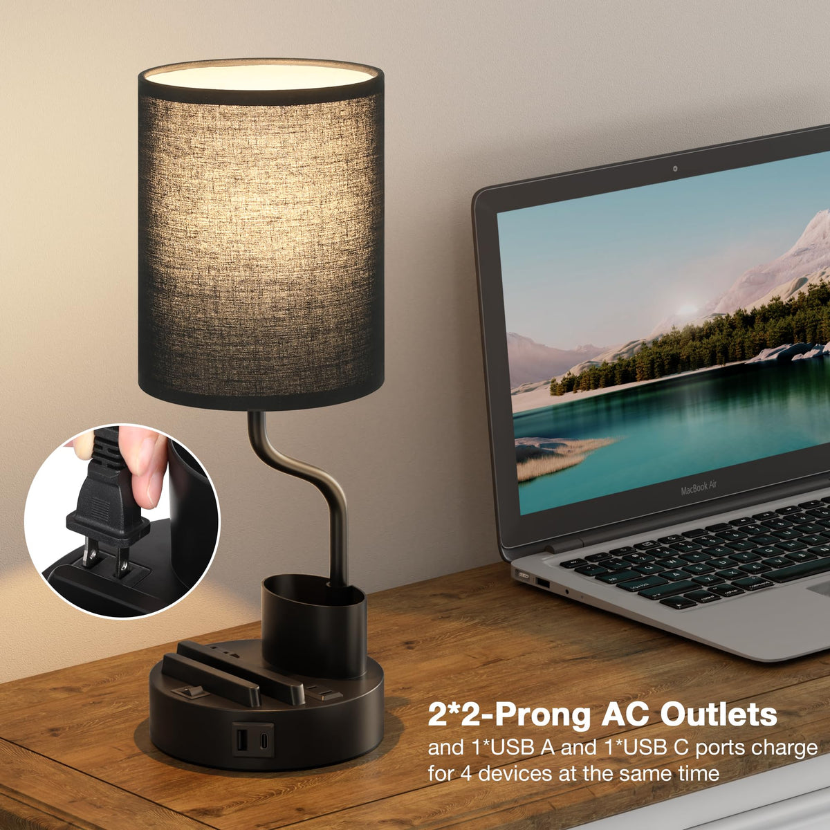 Fenmzee black base beige shade enhances modern bedroom decor.