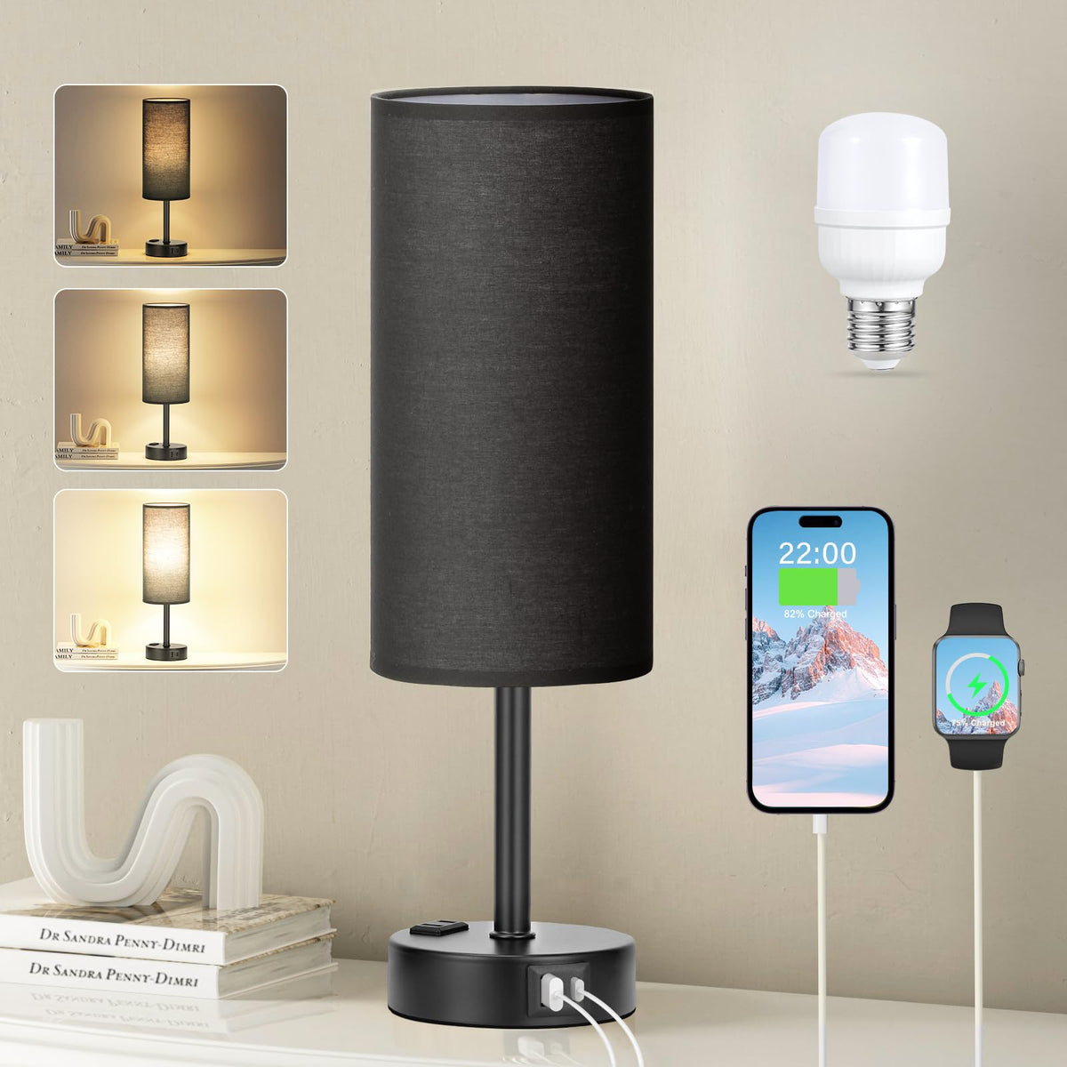 Fenmzee black bedside lamp base with touch control for easy dimming.