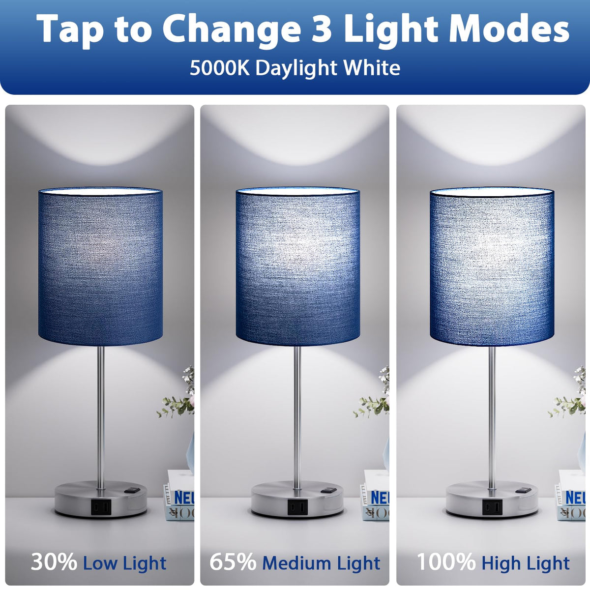Fenmzee blue touch lamp shows 3-way dimming control for tailored reading light