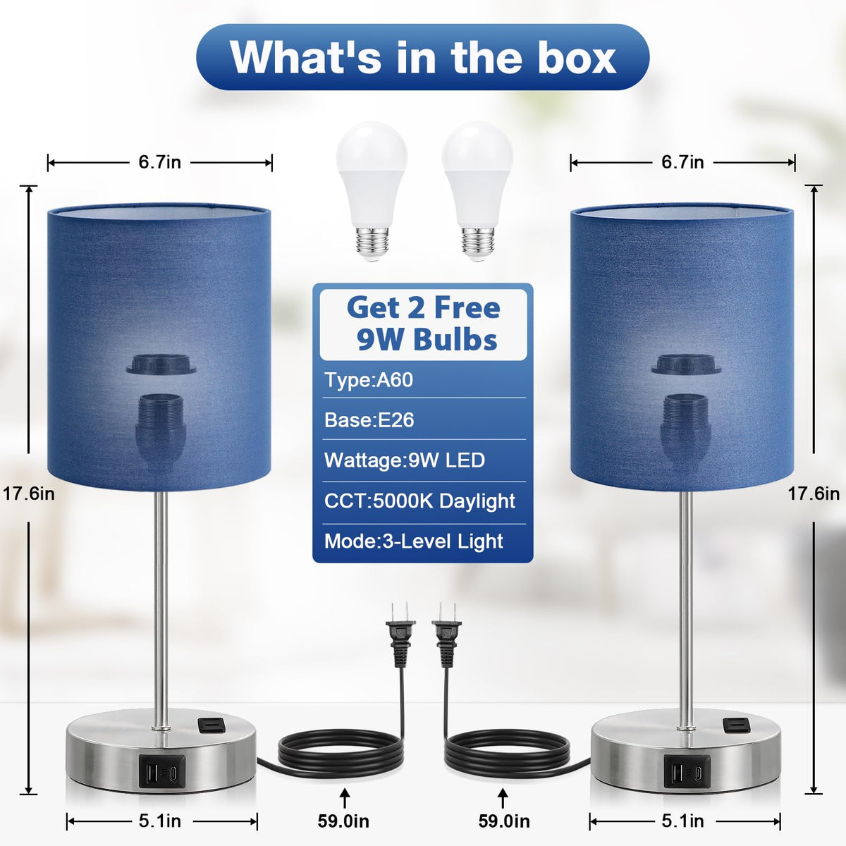 Fenmzee nightstand lamp with navy shade and 5000K bulbs reducing glare