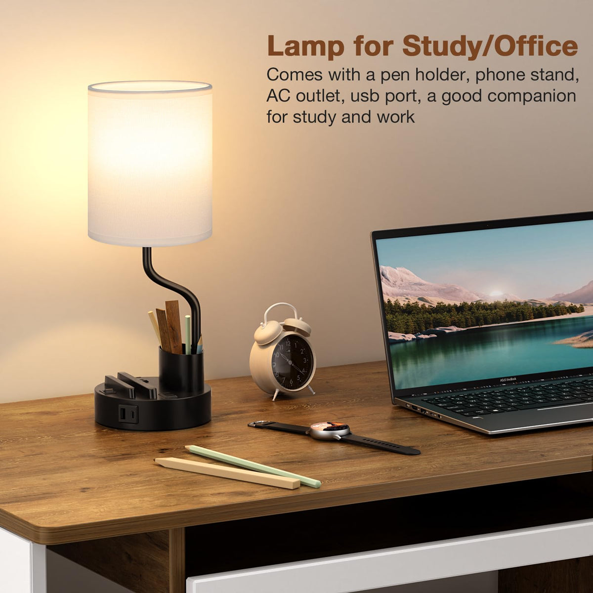 Fenmzee desk lamp as a compact charging station at your workspace.