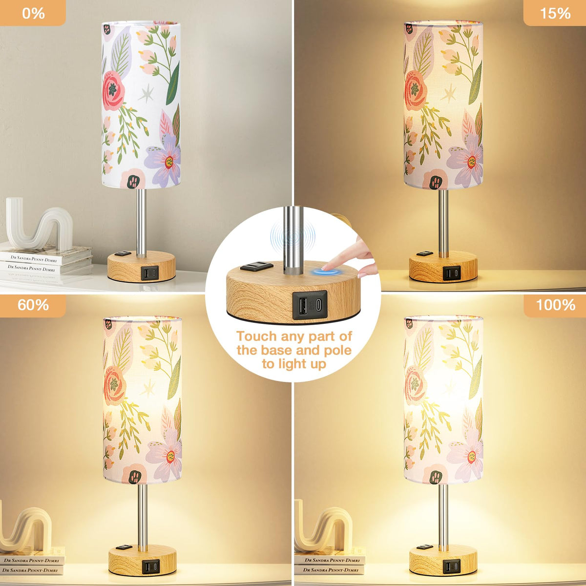 Fenmzee Floral Touch Lamp showing 3-way dimming for mood lighting