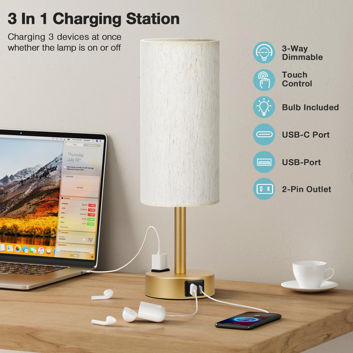Fenmzee Gold Nightstand Lamp on desk with charging ports