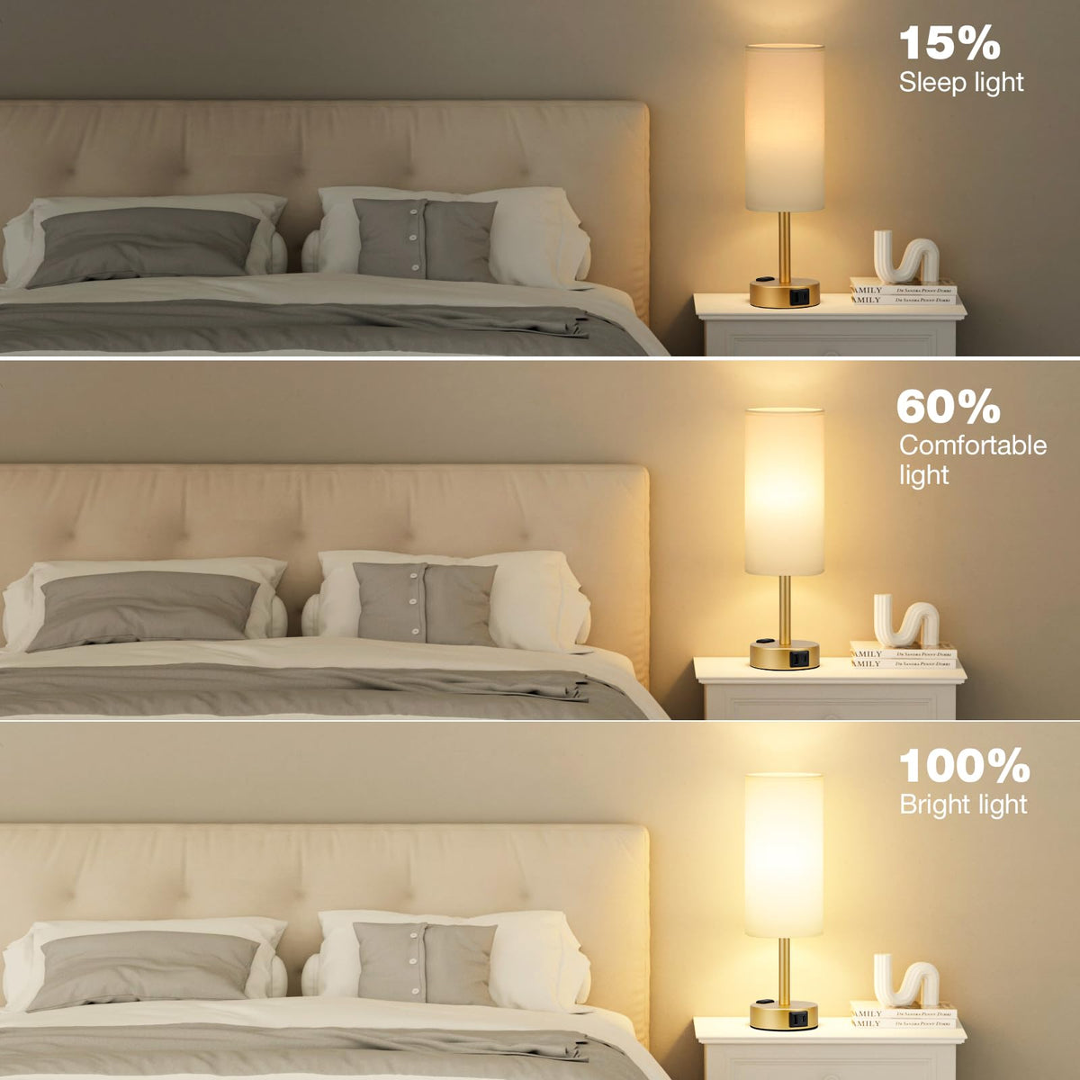 Fenmzee Gold Touch Lamp shade white linen creates soft ambient glow.