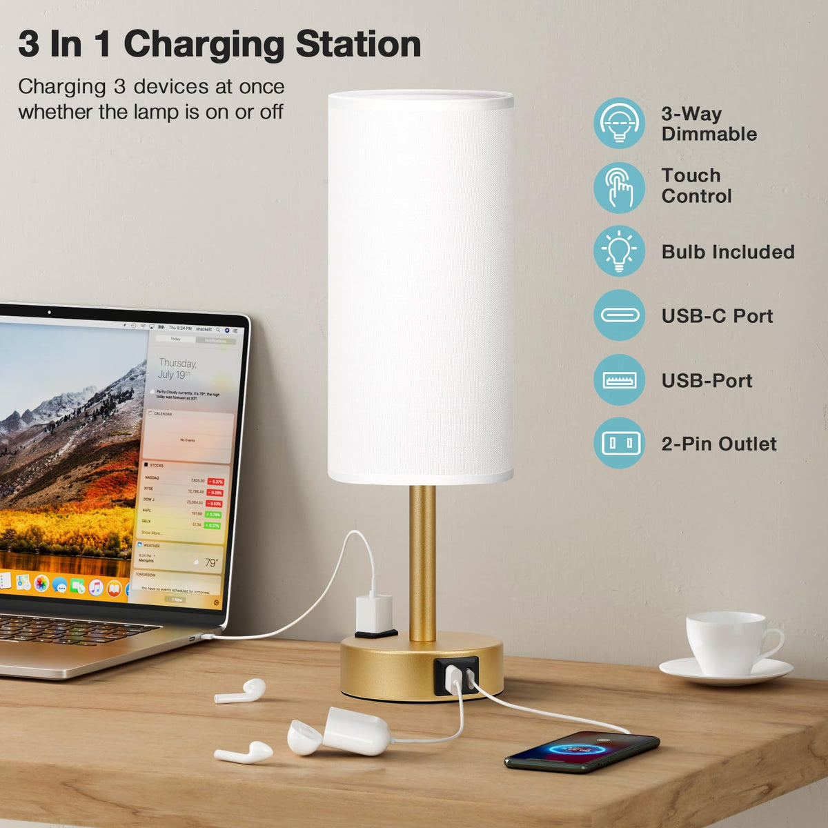 Fenmzee Gold Touch Lamp USB-C port enables quick nightly charging.