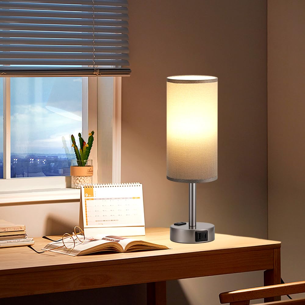 Fenmzee grey bedside lamp fabric shade softens light for reading