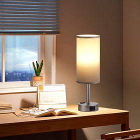 Fenmzee grey bedside lamp fabric shade softens light for reading
