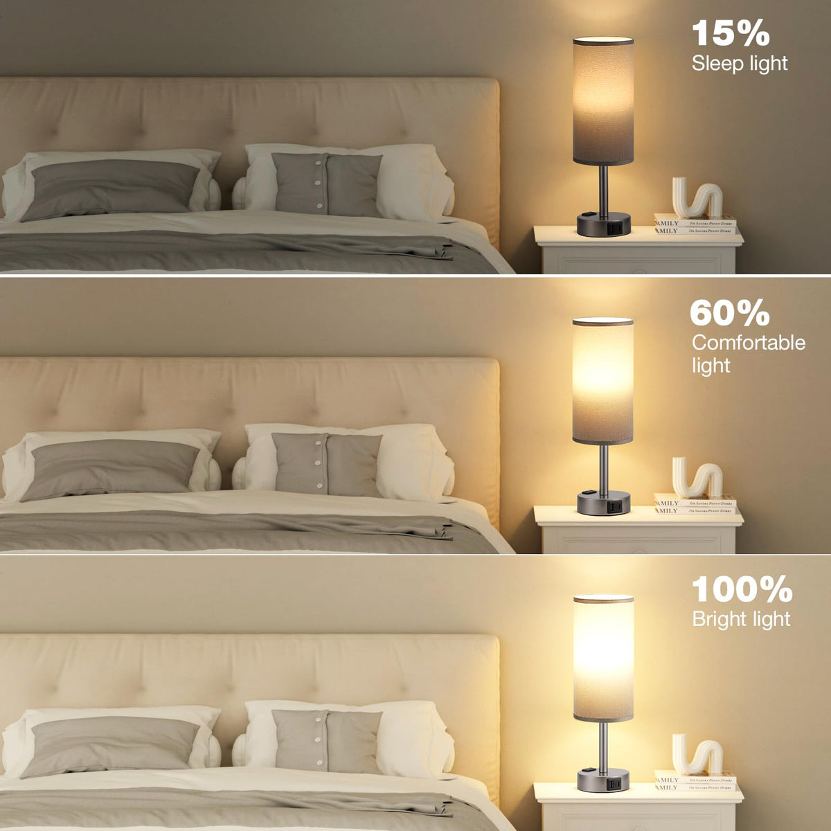 Fenmzee grey bedside lamp built-in outlet adds extra power at bed
