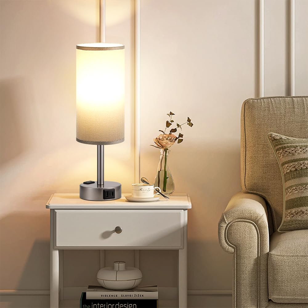 Fenmzee grey bedside lamp in a cozy bedroom scene shows versatile decor