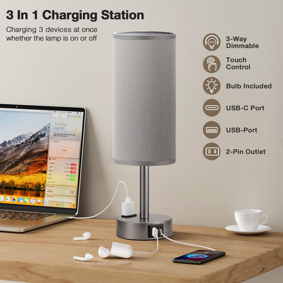 Fenmzee grey bedside lamp touch-control demonstrates easy brightness adjustment