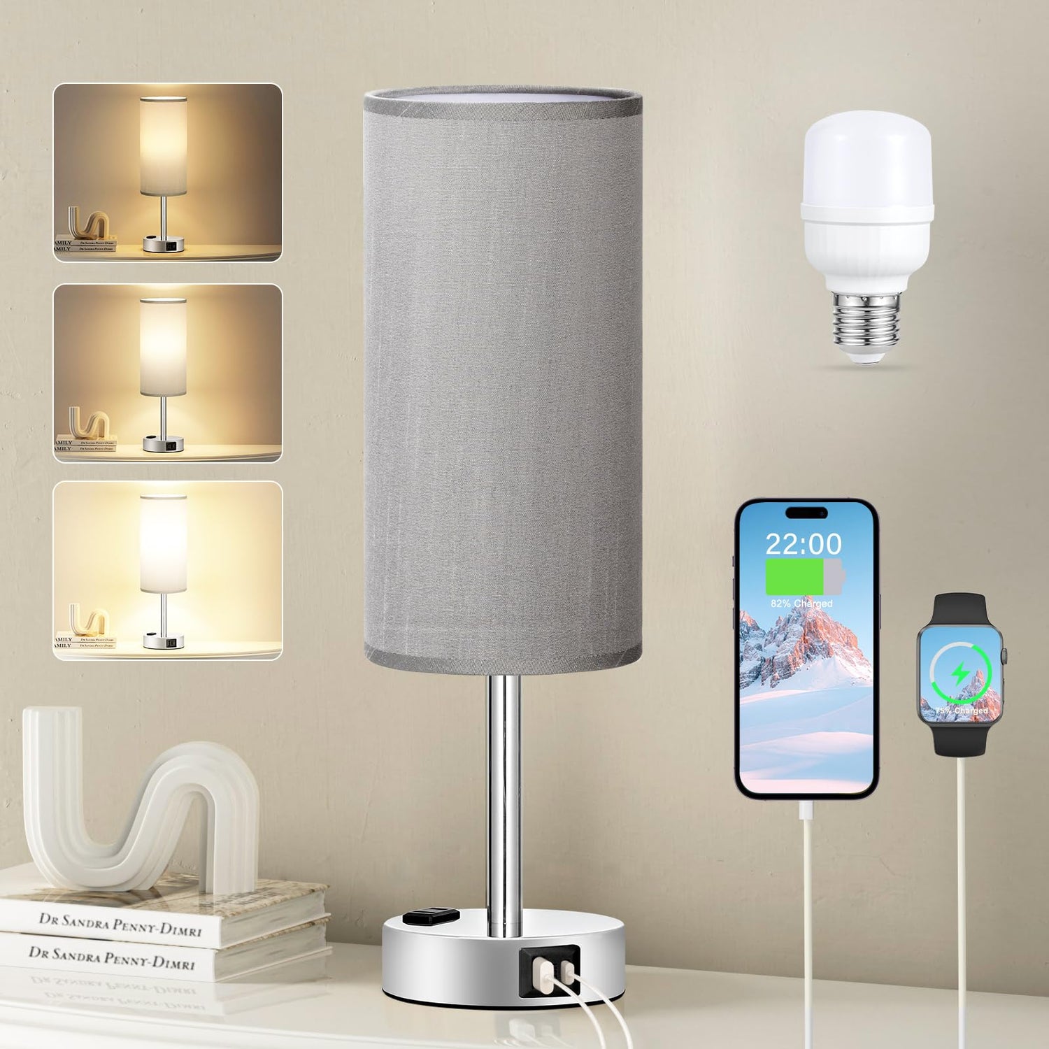 Fenmzee grey nightstand lamp base with silver finish for stable bedside lighting
