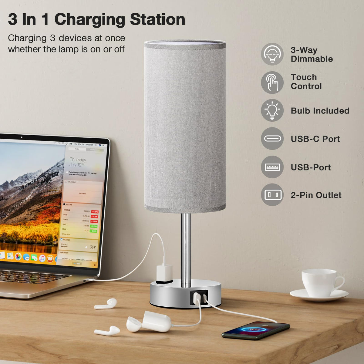 Fenmzee nightstand lamp shows USB-C and USB-A ports plus AC outlet for charging