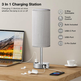 Fenmzee nightstand lamp shows USB-C and USB-A ports plus AC outlet for charging