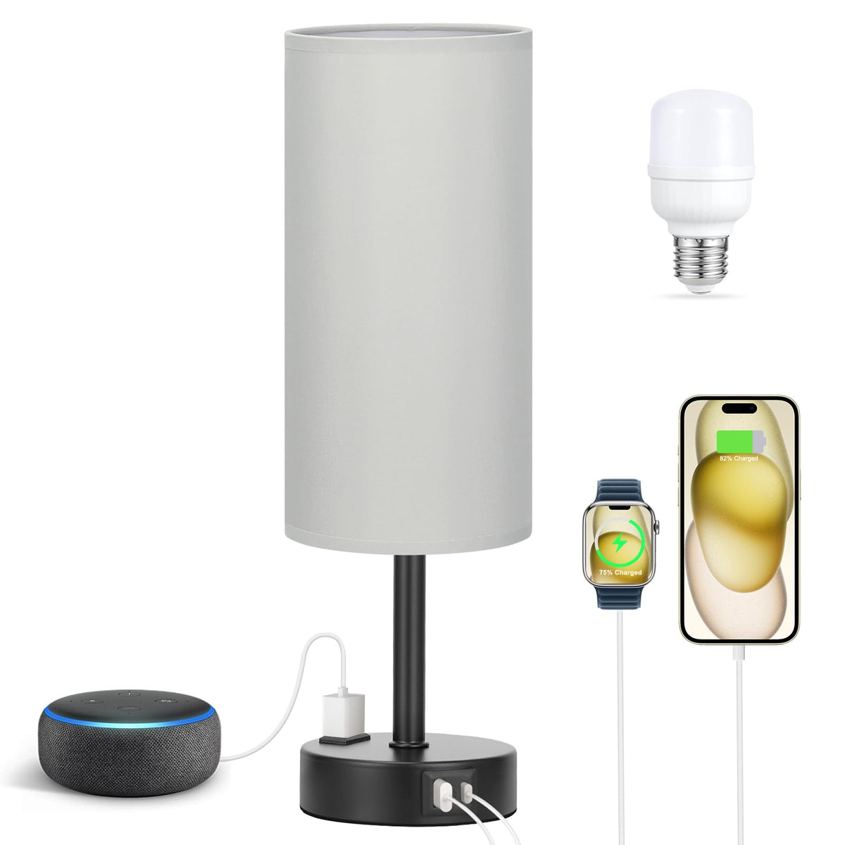 Fenmzee grey touch bedside lamp LED bulb included—flicker-free illumination for comfortable evenings.
