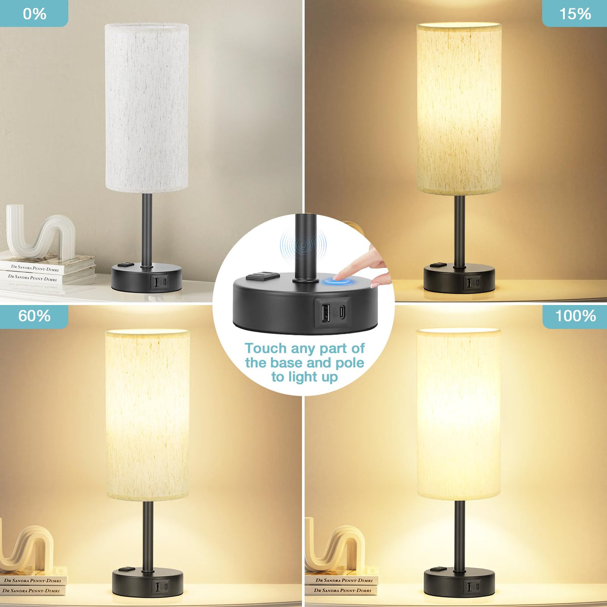 Fenmzee table lamp showing USB-C and USB-A ports for charging at night