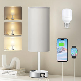 Fenmzee light grey table lamp on nightstand with three-way dimming for cozy evenings.