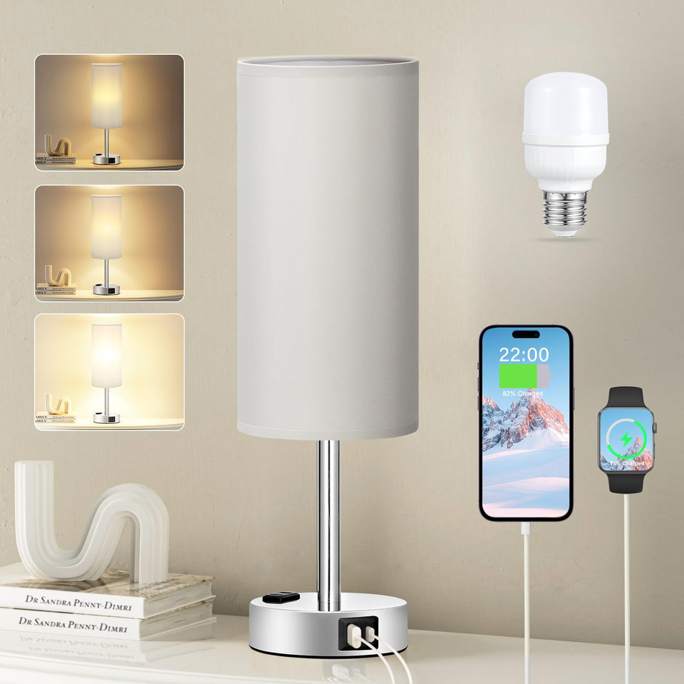 Fenmzee light grey table lamp on nightstand with three-way dimming for cozy evenings.