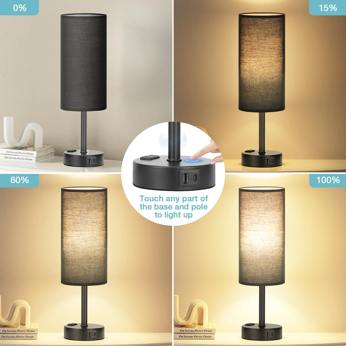 Fenmzee nightstand lamp showing 3-way dimming feature.