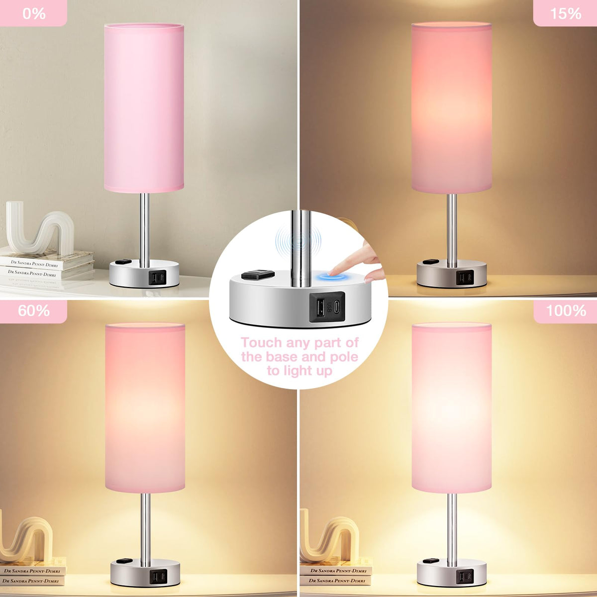 Fenmzee pink lamp showing touch-control with three brightness levels