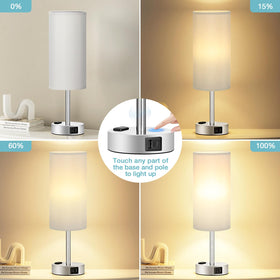 Fenmzee lamp features a sleek silver base and soft grey shade for a modern bedside look.
