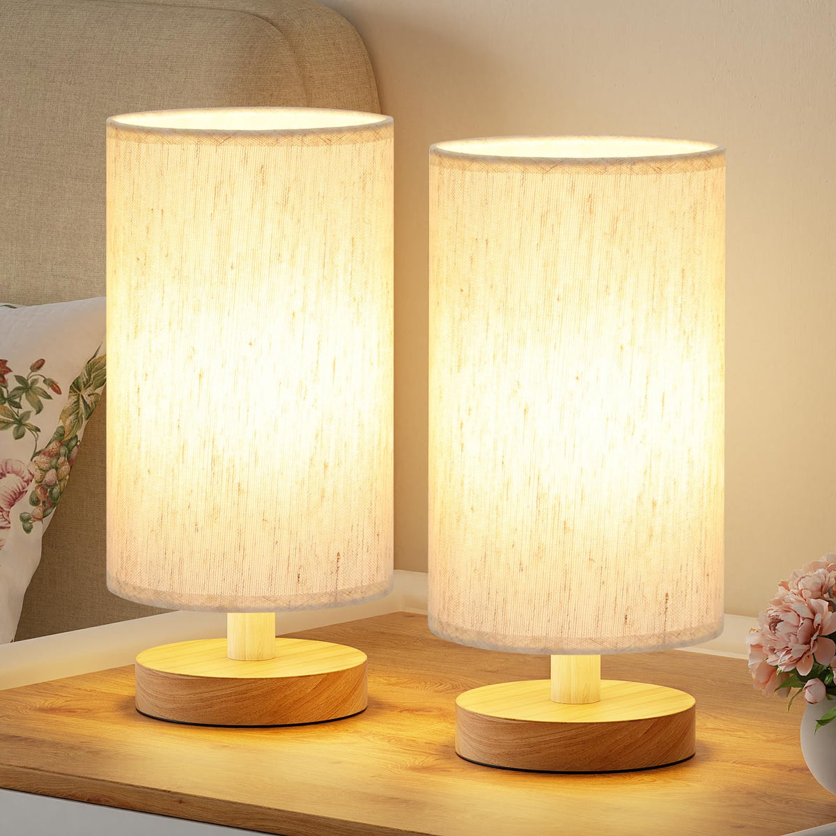 Fenmzee small lamp with cream shade and wood base for cozy bedside reading.
