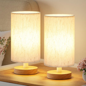 Fenmzee small lamp with cream shade and wood base for cozy bedside reading.