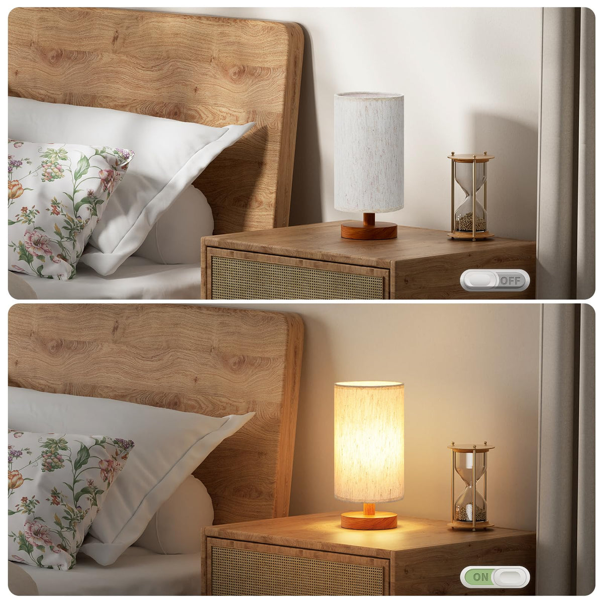 Cream fabric shade softens light for a cozy, relaxing mood.
