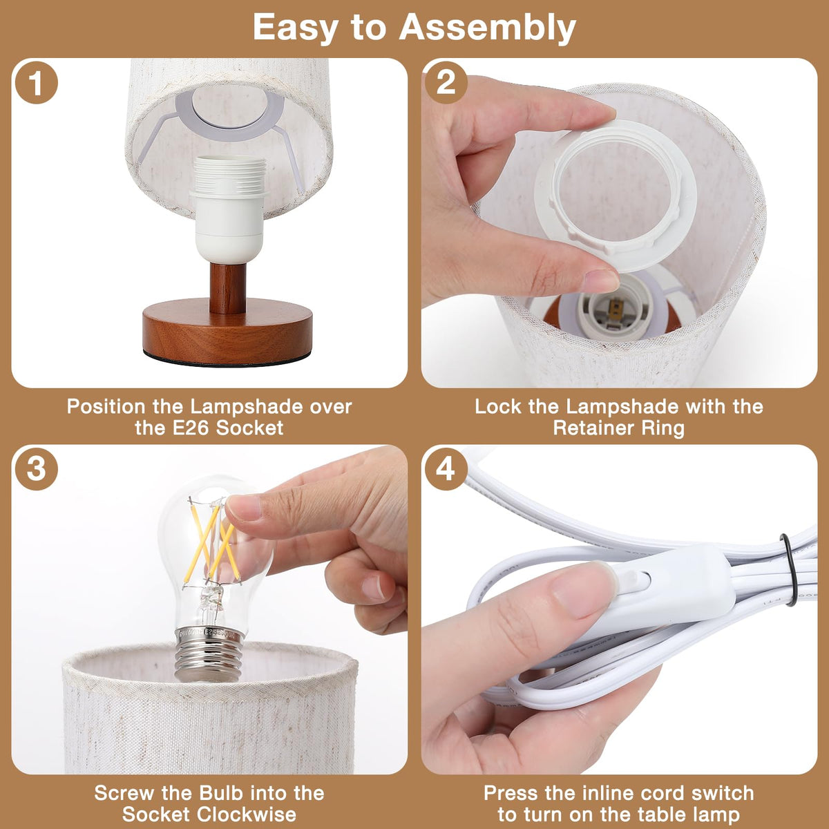 Easy assembly: shade attaches to base and bulb screws in.