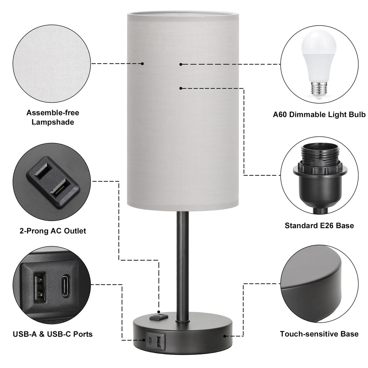 Fenmzee touch bedroom lamp grey bulb included provides steady light