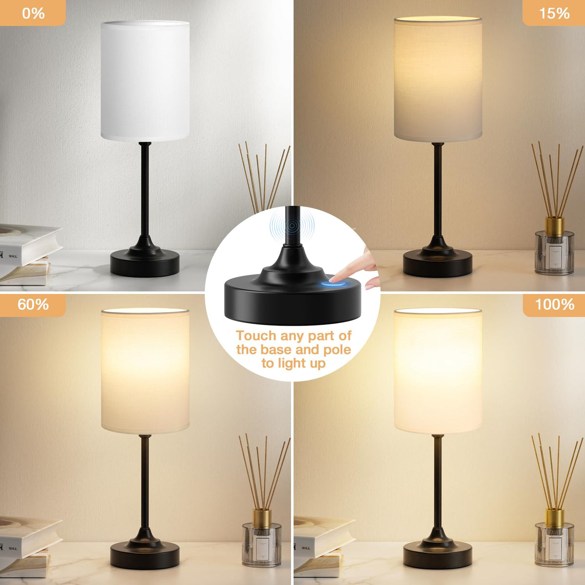 Fenmzee Touch Nightstand Lamp linen shade close-up with warm glow