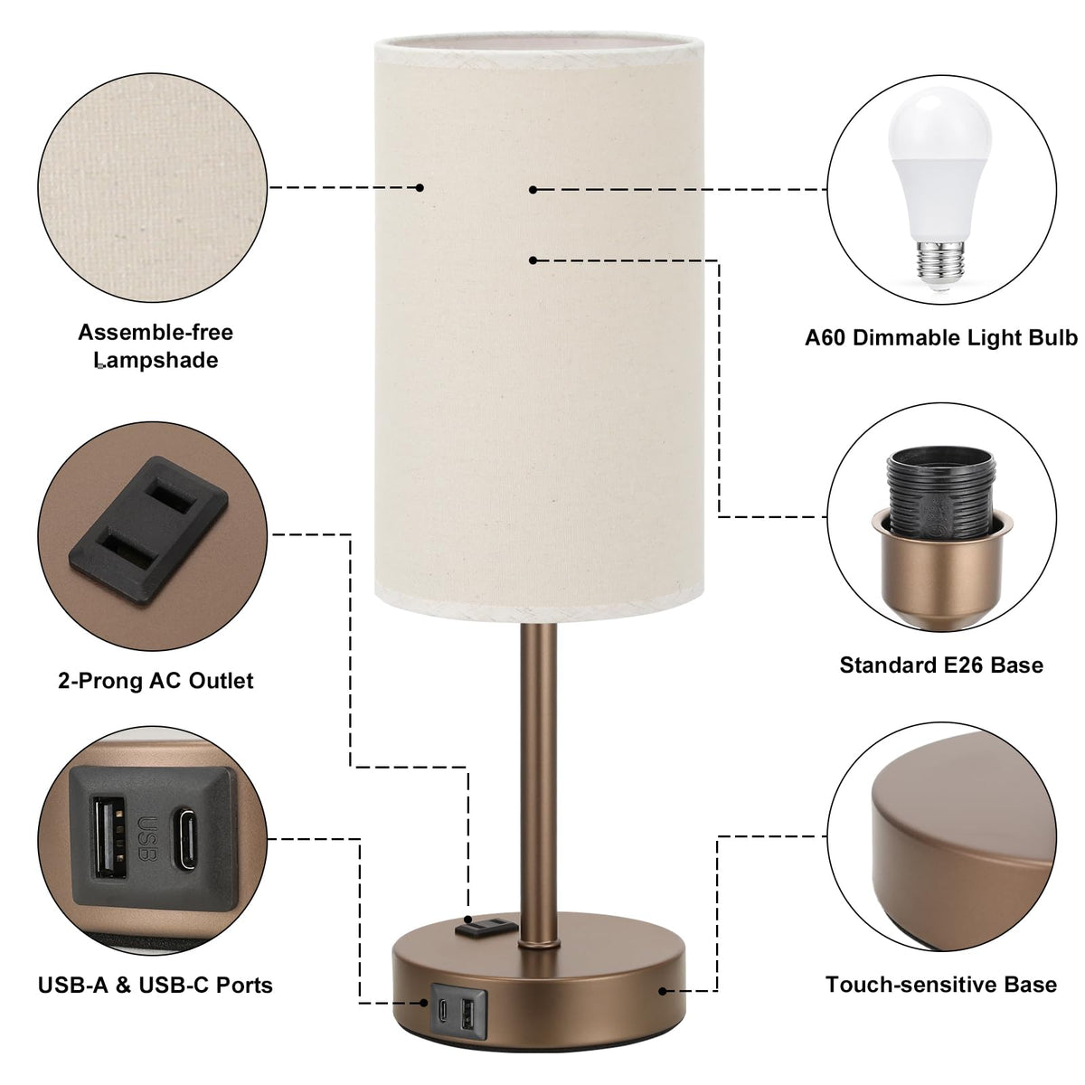 Fenmzee lamp includes a built-in AC outlet to power small devices.