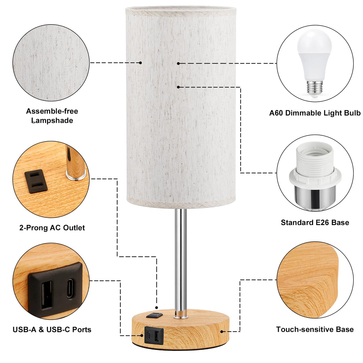 Fenmzee lamp with included 9W LED bulb, flicker-free lighting.