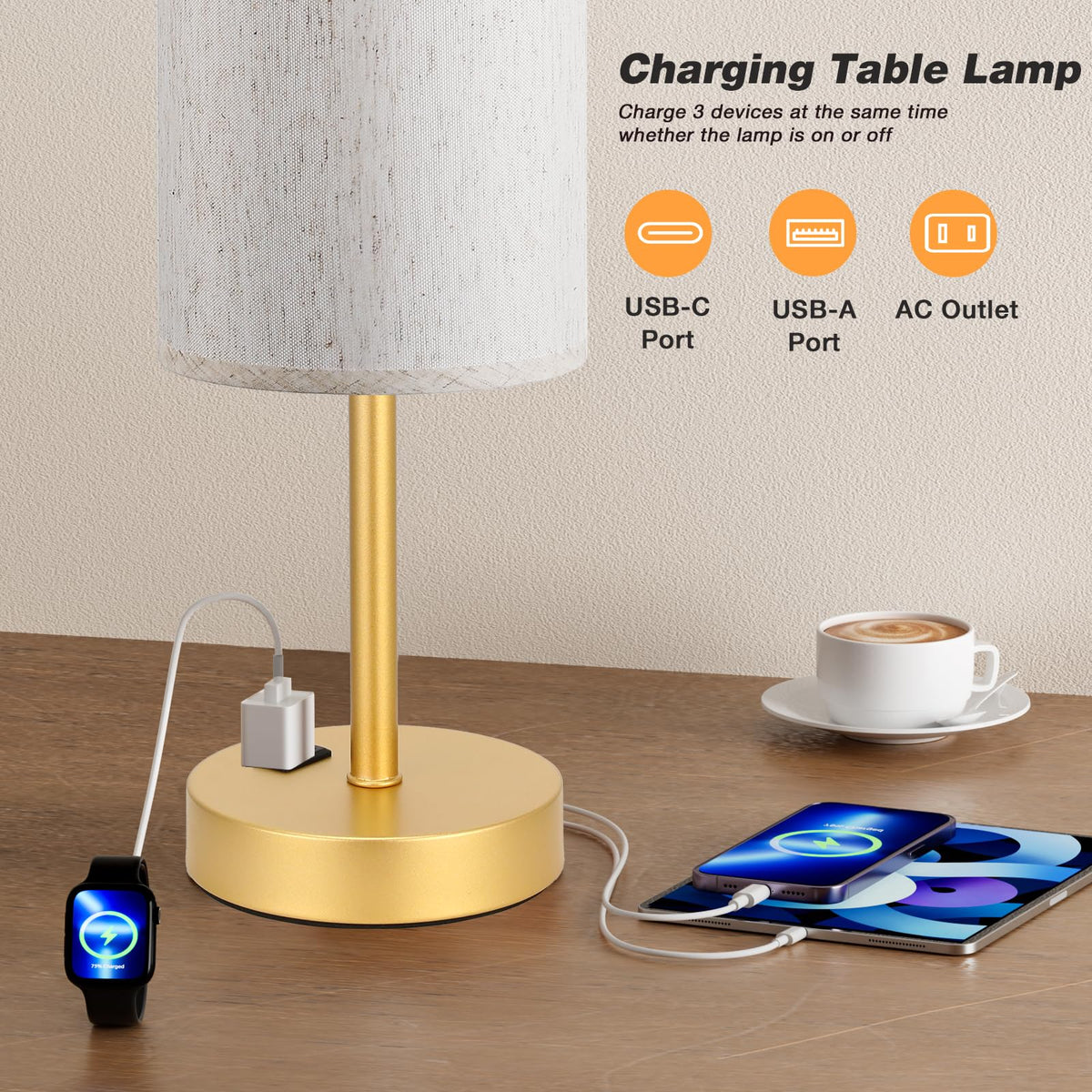 USB-A port on Fenmzee lamp keeps devices powered.