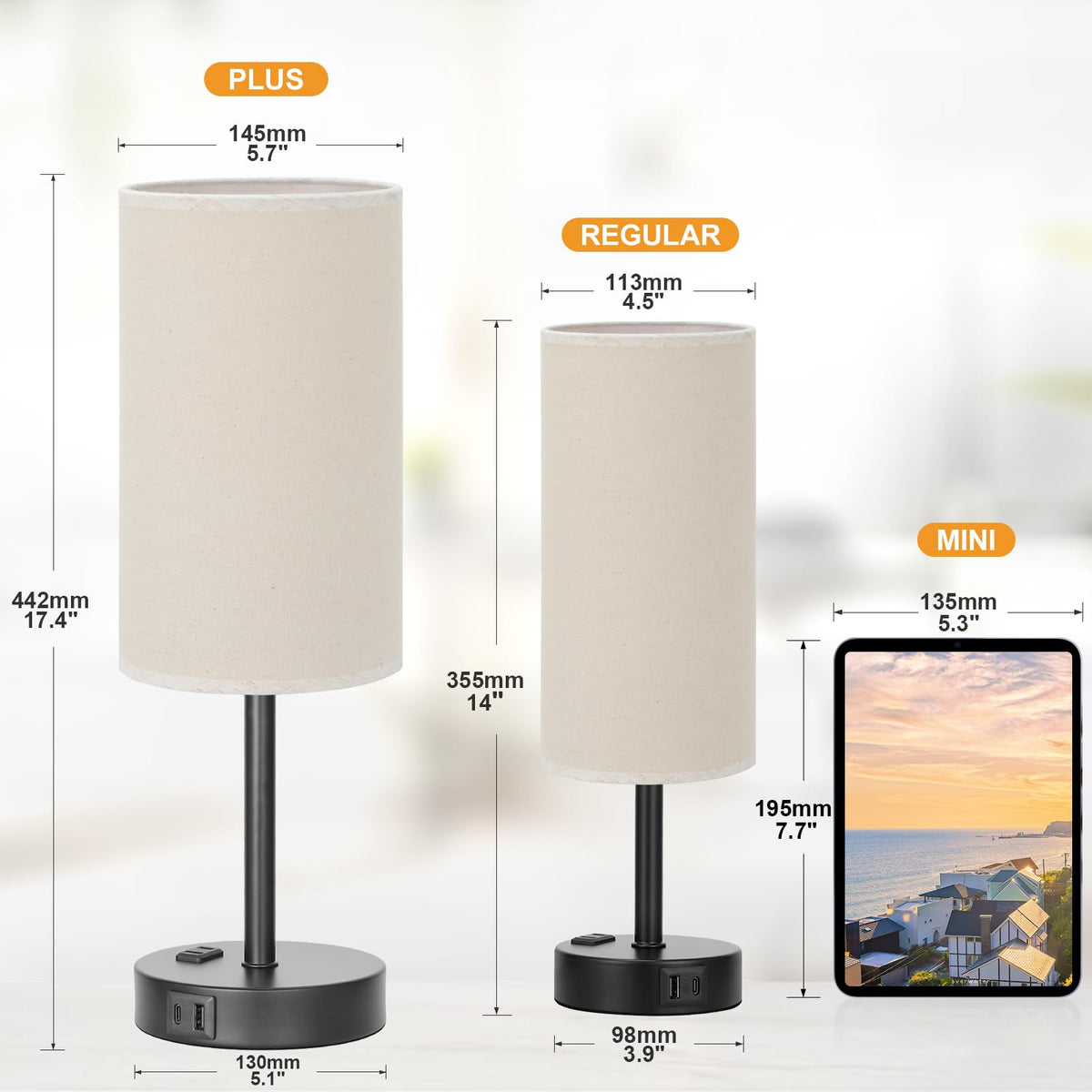 Fenmzee lamp front view highlights sleek beige shade for versatile room styling.