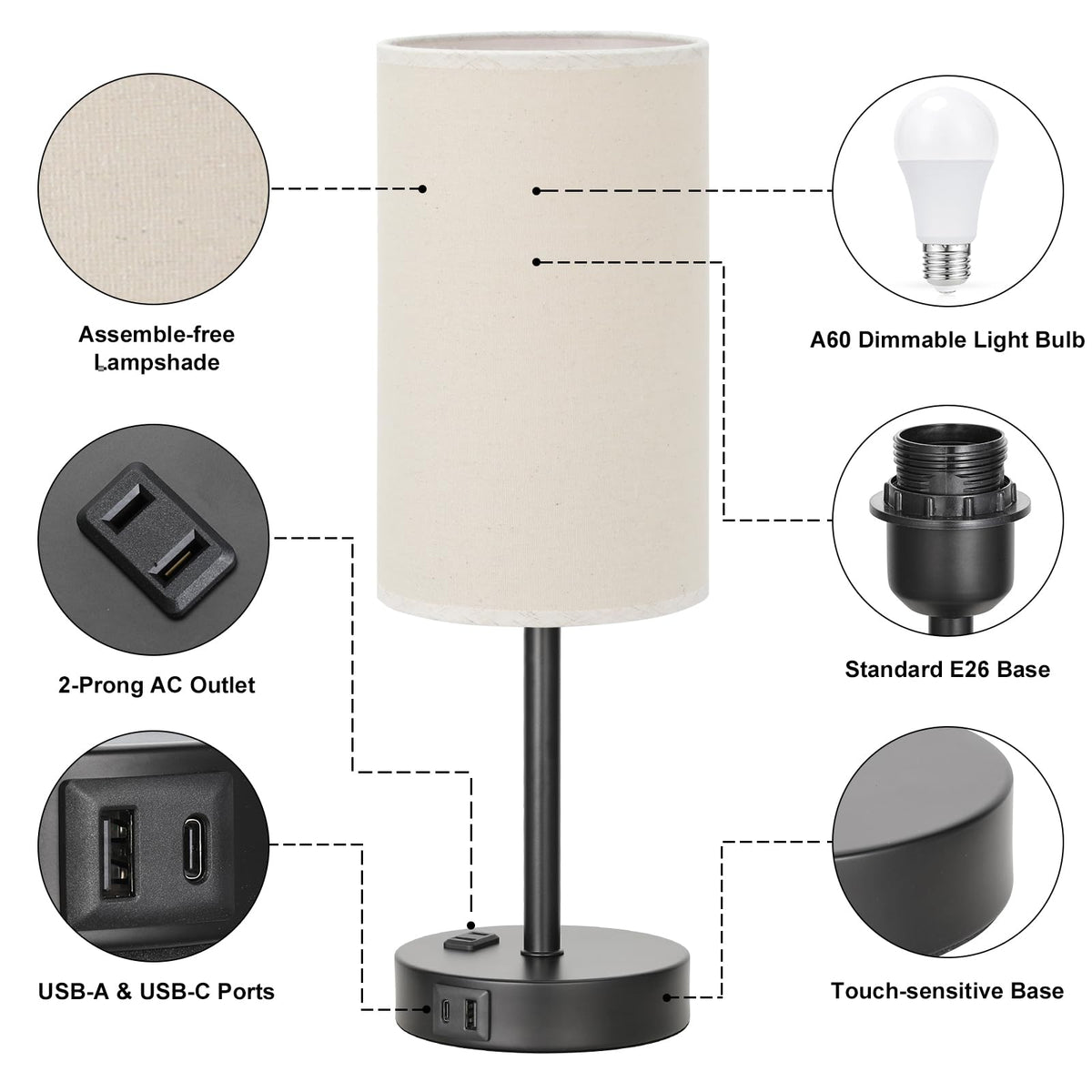 Fenmzee lamp USB-A port supports multiple devices at bedside.
