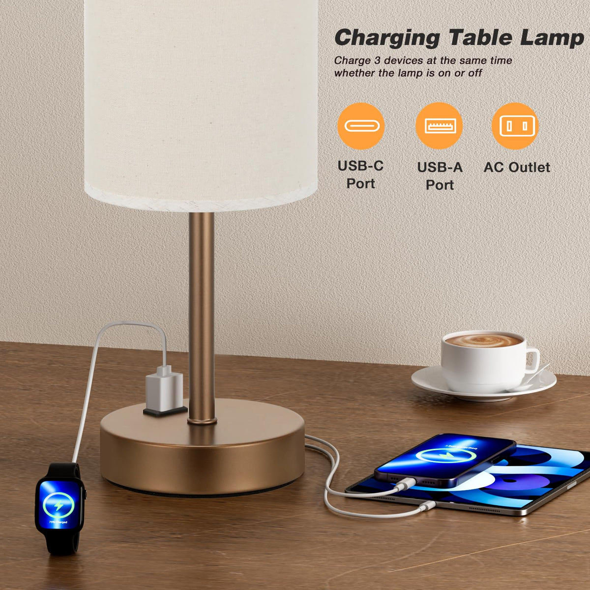 Fenmzee lamp features a USB-A port for quick device charging.