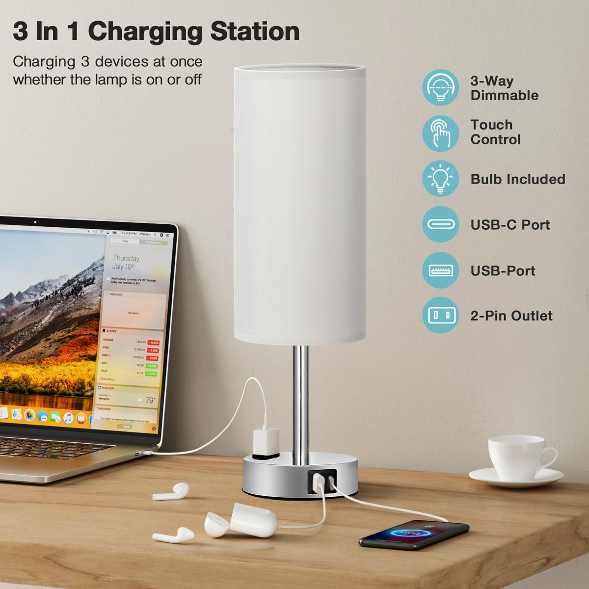 Fenmzee bedside lamp with USB-C, USB-A, and AC outlet for easy device charging.