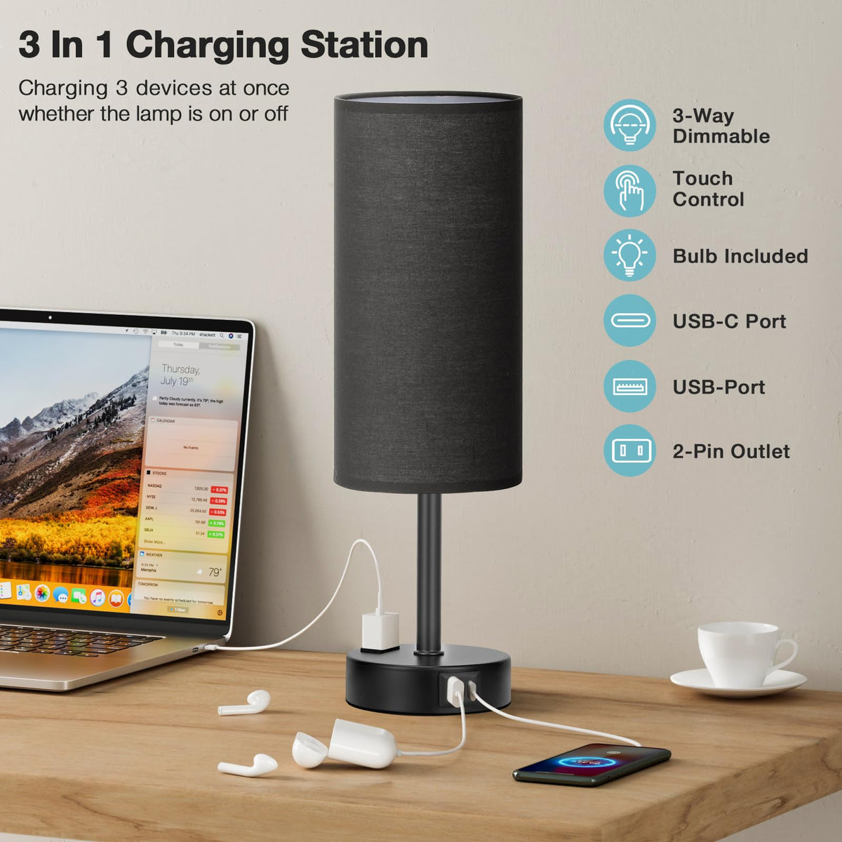 Fenmzee bedside lamp USB-C port for convenient charging.