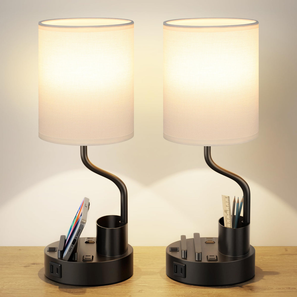 Fenmzee white bedside lamp with two outlets and USBs for easy charging.