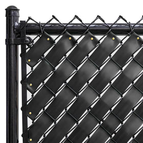 Fenpro obsidian black privacy tape on a chain-link fence enhances privacy while preserving airflow.