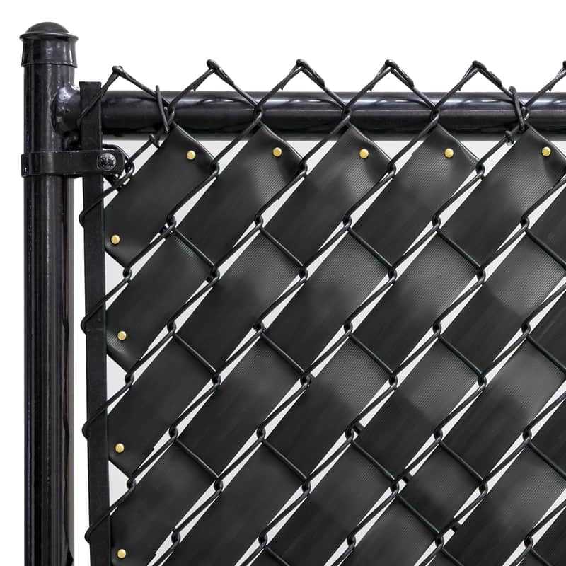 Fenpro obsidian black privacy tape on a chain-link fence enhances privacy while preserving airflow.