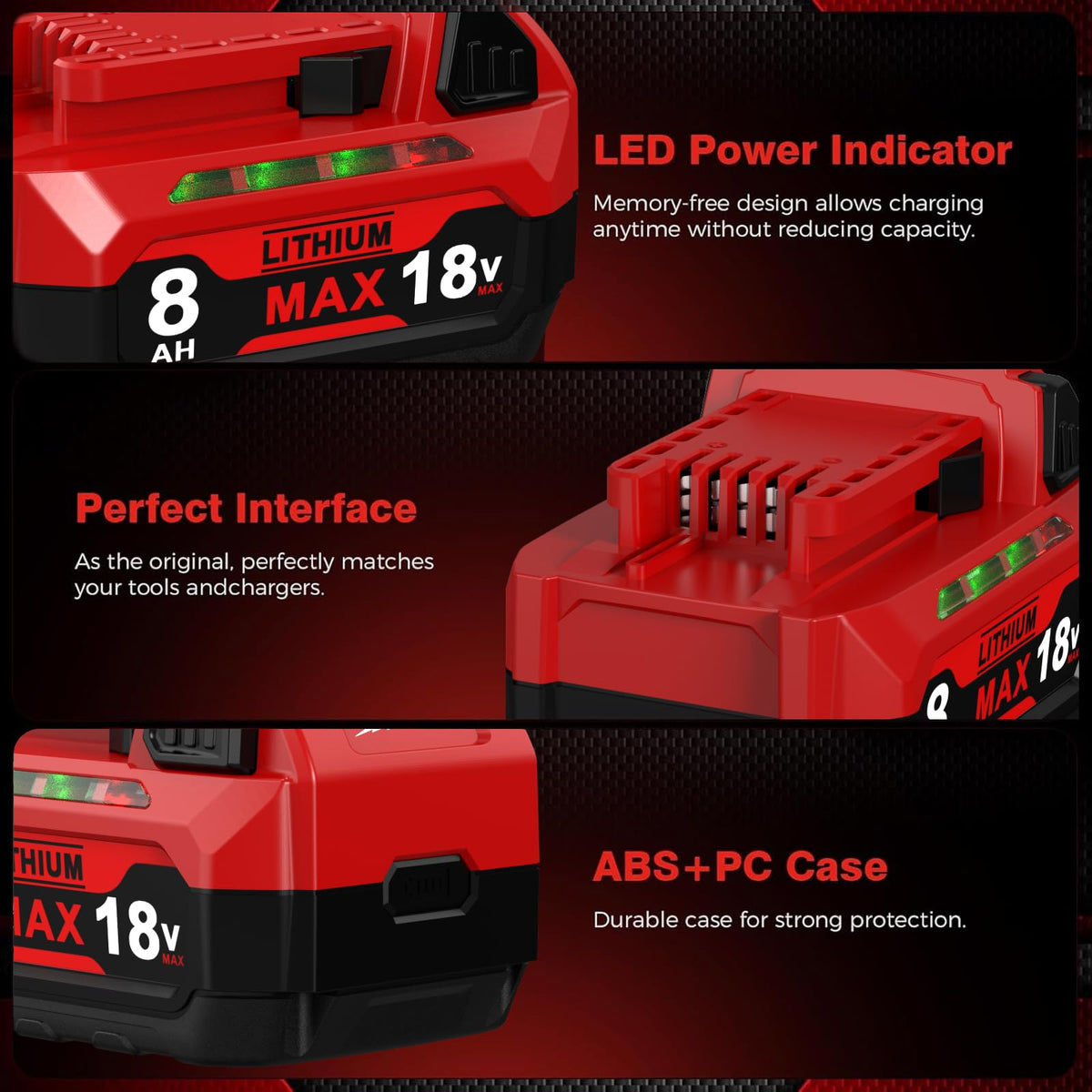 FEOTDN Milwaukee 18V 8Ah LED indicator: monitor remaining power to avoid interruptions.