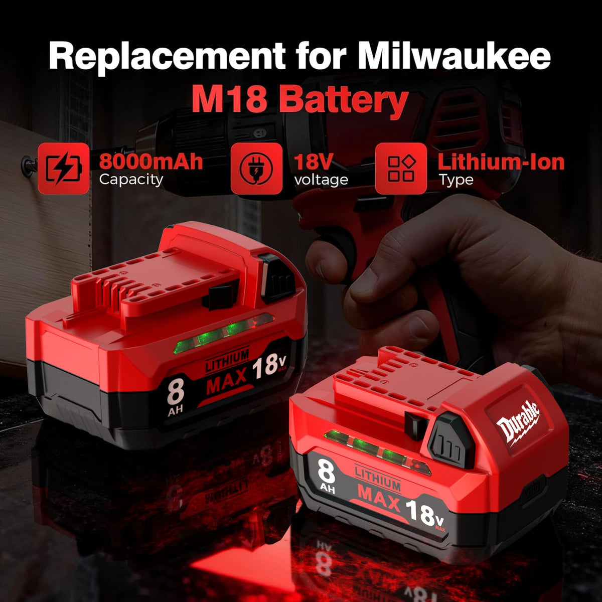 FEOTDN Milwaukee 18V 8Ah side view battery: rugged construction for durable daily use.